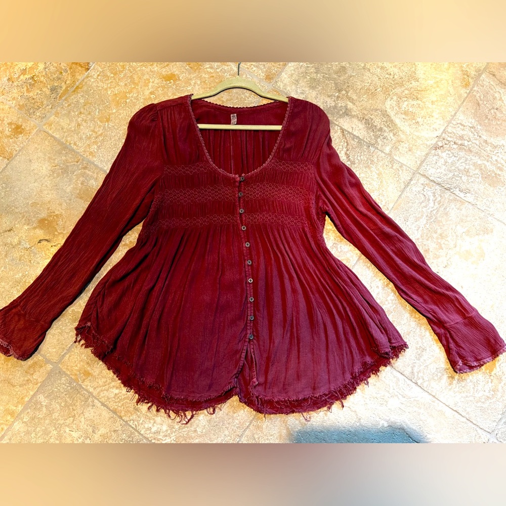 Free People BOHO womens top medium gathered button up flare sleeves